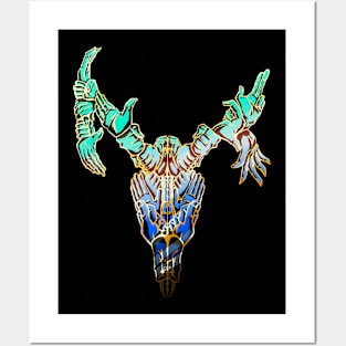 Psychedelic Deer Skull Made of Hands Blue and Gold Metal Posters and Art